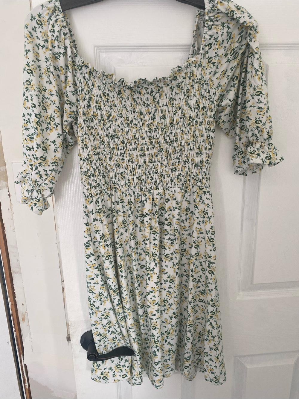 Wayf White Floral Smocked Midi Dress with Green and Yellow Print